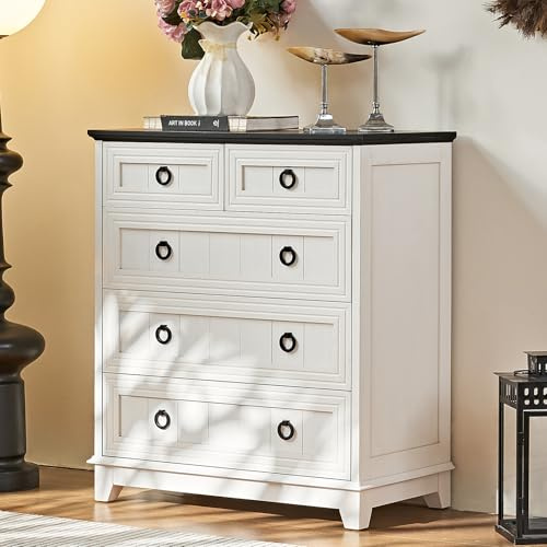 Joaxswe Farmhouse 5 Drawer Dresser for Bedroom, 33.2 Tall Small Dressers & Chest of Drawers, Rustic Wood Dresser with Metal Handle, Storage Organizer Closet for Living Room, Hallway, Entryway