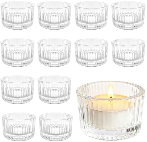 12 Bougeoirs Verre Transparent 5x3,5cm – Photophores Vintage pour Déco, Mariage, Noël, Fêtes,Table, Centre, Ambiance Chaleureuse (Transparent)