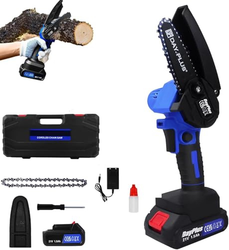 Motosierra eléctrica con batería de 21 V, con baterías, 2 cadenas, 6 pulgadas, color azul, sierra de mano con cerradura de seguridad para jardinería, poda de árboles, corte de madera