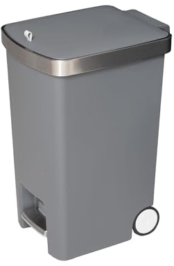 Addis MODE 35 Litre Soft Close Pedal Kitchen Bin with Easy Move Wheels – Modern Space Saving Slim Waste Bin Design with stay open Lid, Grey