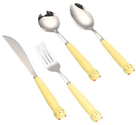 Set di Posate in Ceramica con Disegni di Animali dei Cartoni Animati, in Acciaio Inossidabile, Composto da Cucchiaio, Coltello e forchetta, con Finitura a Specchio (Gattino, 4 Pezzi)