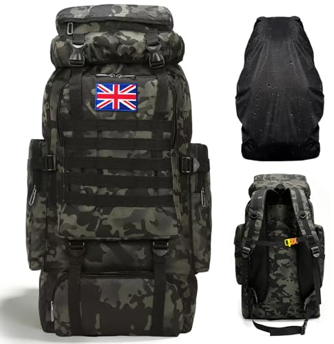 Vnvnvnv 80L Waterproof Hiking Backpack Camping Backpack, Night Camo | Large Military Tactical Backpack Army Rucksack for Men with UK Flag ＆ Rain Cover for Trekking Cycling Climbing Outdoor Sports