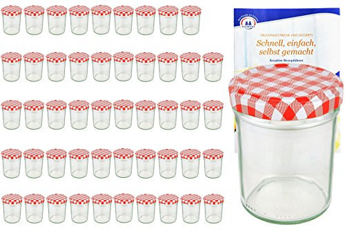 MamboCat Lot de 50 bocaux en verre, pots à confiture, avec couvercles à carreaux rouges et blancs, TO66, 230 ml, avec livret de recettes de la marque de sucre gélifiant Diamant (version allemande)