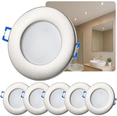 Sweet Led Einbaustrahler 230V IP44 – 5er Set flache Deckenspots 6,5W 530lm warmweiß 3000K Ø68mm Einbau – Chrom gebürstet für Bad, Küche, Feuchträume