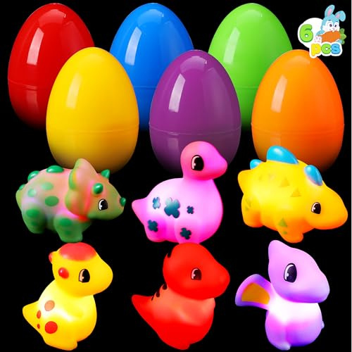 JOYIN 6 Pcs Prefilled Easter Eggs with Light-up Floating Dinosaur Bath Toys, Multicolor