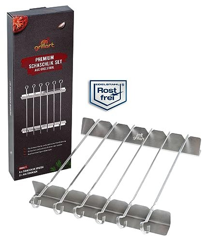 grillart® Premium Schaschlikspieße aus Edelstahl mit Gestell – Hochwertige Grillspieße für den Grill mit 360° Drehfunktion für eine gleichmäßige Zubereitung