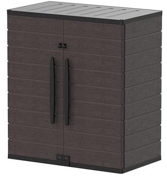 Duramax, Color Cedargrain Vertical de plástico Puertas con 2 estantes, Cerradura al Aire Libre, Armario Corto Resistente al Agua, Caja de Almacenamiento de jardín, marrón, Brown, Short