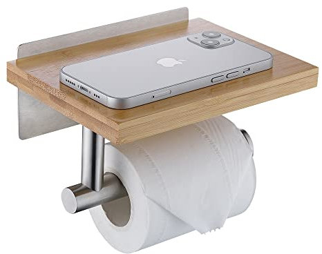 HomeHeng Porta Carta Igienica con Ripiano in Bambù Naturale, Spazzolato Portarotolo Adesivo da Parete per Bagno, H98903BN