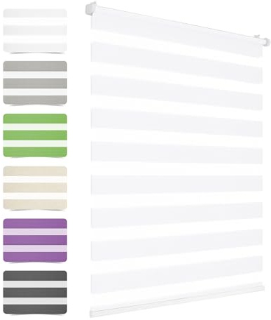 HOMEDEMO Store Enrouleur Jour Nuit sans Chaîne sans Perçage, Rideau, Double Tissu avec Clips Store occultant pour Fenêtre & Porte, 45 x 150 cm, Blanc