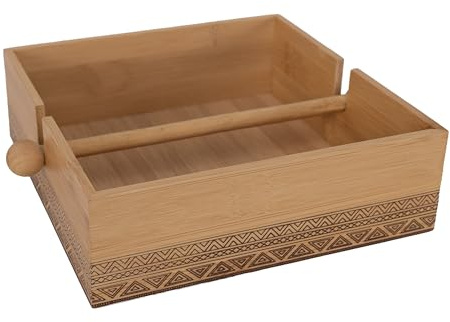 Servilletero de Bambú 18.5x18.5x6cm con Barra Deslizante y Diseño Grabado, Perfecto para Mesa de Comedor, Oficina o Cafetería