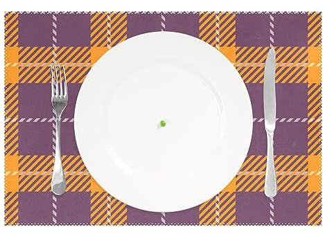 Violet Plaid Orange Washable Placemats for Dining Table Toddlers Waterproof Placemats Placemats for Kids Reusable Table Mat Washable