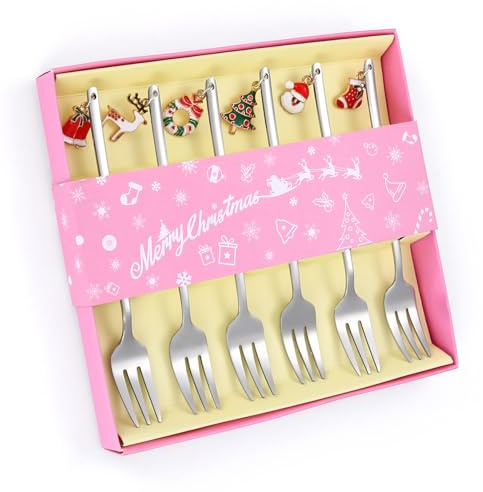 A · HOUSEWARE Dessert Forks Set Silverware Silver Christmas Stainless Steel Appetizer Serving Utensils with 6 Designs Xmas Pendants for Festival Parties Everyday Use