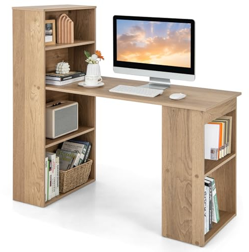COSTWAY Skrivbord med bokhylla, datorbord med 6 hyllor, PC-bord med hylla till höger eller vänster, kontorsbord, arbetsbord för hem, kontor och sovsal, 122 x 56 x 122 cm (natur)