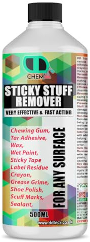 DD Teck Sticky Stuff Adhesive Remover – Fast Acting Glue, Label and Sticker Residue Remover for Glass, Plastic, Metal, Wood, Car Windows, Tape Residue and Sticky Surfaces (500ml Cap)