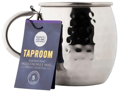 Taylors Eye Witness Taproom Silver Stainless Steel Cocktail Moscow Mule - 500ml (502.7 ml) Hammered Stainless Steel Mug with Handle for Cocktails, Whiskey, Beer, Ice Drinks.