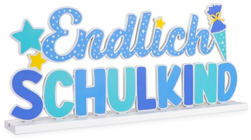 BETESSIN Tischdeko Einschulung Junge Blau - Endlich Schulkind Holzschriftzug mit Basis - Tischdekoration zum Schulanfang - Schuleinführung Deko für Junge und Mädchen