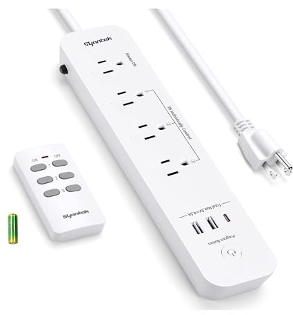 Syantek Remote Control Power Strip with 3 USB Surge Protector Power Strip with 3 RF Controlled Outlets, 5ft Extension Cord, 15A/1875W Remote Control Outlet for Household and Workstation Appliances
