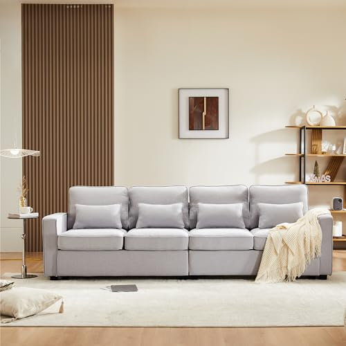 4 Sitzer Sofa mit Schlaffunktion, Modern Couch mit Armlehnentaschen und 4 Kissen, Schlafsofa im einfachen Stil, Big Sofa geeignet für Wohnzimmer, Wohnung, Büro, Sofas aus Leinenstoff, Grau