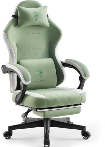 Dowinx Gaming Stuhl Stoff mit Frühling Kissen, Massage Lendenwirbelstütze Bürostuhl mit Fußstütze für Erwachsene, Ergonomischer Gaming Sessel Groß und Hoch für Office Gaming 135KG, Grün