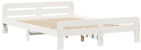 vidaXL Massivholzbett, Holzbett mit Kopfteil Fußteil Lattenrost, Doppelbett für Schlafzimmer, Bett Bettgestell, Weiß 160x200cm Kiefernholz