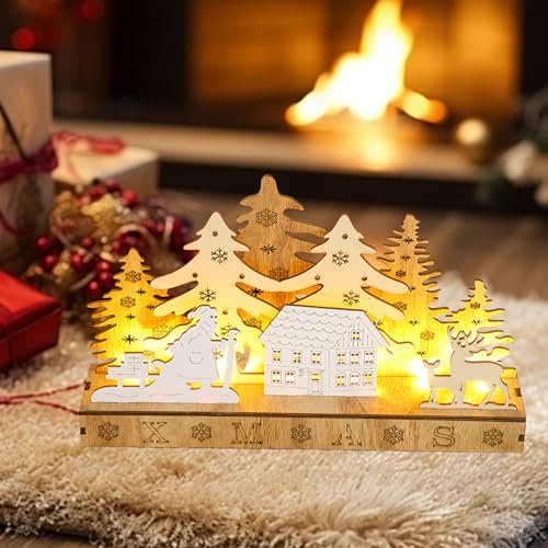 GZWY Weihnachtsdeko LED Weihnachtsdorf Haus, Holz Weihnachtshäuser mit LED Licht, Weihnachtsdorf Mit Beleuchtung, Weihnachtsstadt Leuchtende Weihnachten Desktop Dekoration für Weinachtsdeko Innen (A)