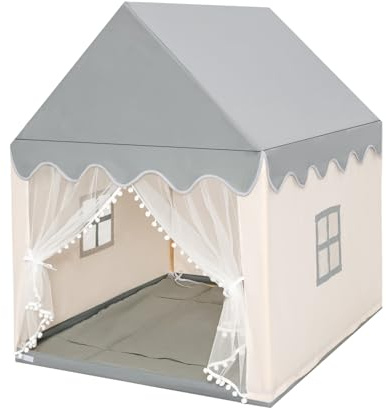HOMASIS Kinderzelt für Indoor, Kinderspielhaus mit Matte & Fenstern & Holzrahmen & Vorhang, Kinder Spielzelt Prinzessin für Mädchen & Jungen, Bettzelt Tipi Zelt 105x120x140 cm (Modell 2-Beige+Grau)