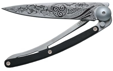 deejo – Klappbares Taschenmesser 27 g mit Gürtelclip – Griff aus Ebenholz, Klinge aus Edelstahl Z40C13 – Keltisches Motiv – Tischmesser, Wandern, Camping, Biwak