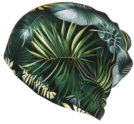 Tropical Palm Leaves Print Ponytail Beanie for Women,Winter Beanie Hat Face Mask Covering Neck Gaiter for Cold Weather Black