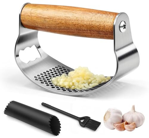 NEUTYPECHIC Prensa Ajos Acero Inoxidable, Prensador de Ajos, Balancín Multifuncional para Ajos con Abridor de Botellas, Pelador de Ajos y Cepillo de Limpieza, para Ajo Jengibre, Apto para Lavavajillas