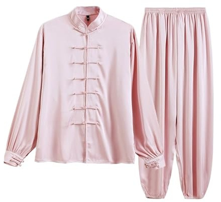 XNQOUS Kung Fu Uniform Acetate Ice Silk Taiji Suit Tai Chi Uniform Six Colors Long Sleeved Wushu Exercise(Pink,S)