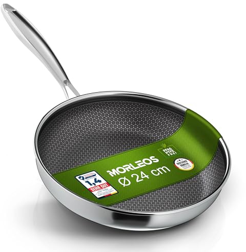 Morleos Padella in ceramica, 24 cm, resistente ai graffi, a 5 strati, 3 mm, 1 kg, per induzione, antiaderente, lavabile in forno e lavabile in lavastoviglie, senza PFAS e PTFE