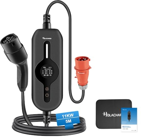 HOLACHARGE 11 kW typ 2 bärbar väggbox laddningskabel elbil 5 m svart EV-laddare med kontrollerbar digital display och CEE 3-fas industrikontakt för IEC 62196-2 och PHEV/EV