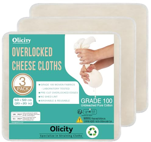 Olicity Cheese Cloths for Straining 50x50cm - 3 Pack Unbleached Fine Weave Muslin Cloths for Cooking | Reusable Overlocked Cheesecloth for Straining Liquids, Making Jam & Bread | Cotton Cloth Strainer