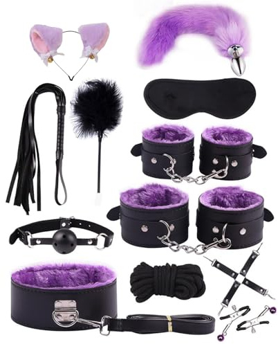 12 Pcs BDSM Kit, Bondage Restraints Set Anal Butt Plug Tail Cat Ear Nipple Clamps Blindfold Handcuffs Collar Paddle Sex Toys for Couple Purple&Black