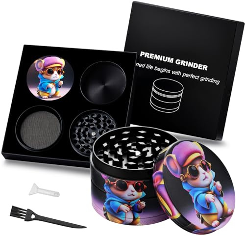 Spespo Herb Grinders, Spice Crusher 50mm, 4 Layers Metal Grinder with Pollen Scraper and Brush, for Spices, Herbs & Tea, Black Gift Box (Cool Hamster)