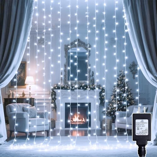 wisdom line Guirlande Lumineuse Rideau LED, 8 Modes avec Télécommande, Lumières Décoratives pour Chambre, Fête, Mariage, Noël, Blanc Chaud (Lumière blanche, 100 led)