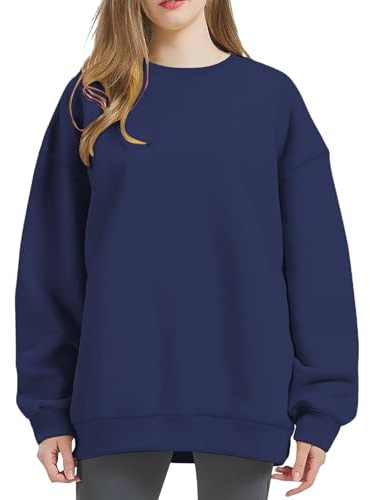 Générique Överdimensionerad damtröja utan huva - överdimensionerad tröja dam rund hals enfärgad tröja vår höst toppar dagliga utomhusaktiviteter toppar enkel tröja elegant pullover, Marin, XXL