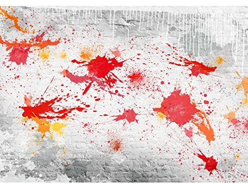 Runa Art Fototapeten 396 x 280 cm Steinwand Ziegelmauer Farbkleckse - Vlies Wanddekoration Wohnzimmer Schlafzimmer - Deutsche Manufaktur - Rot Grau 9324012b