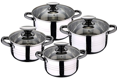 San Ignacio Premium Dina - Bateria de cocina de 4 piezas, acero inoxidable, 1.9L-2.7L-3.5L-5.1L, apta para todo tipo de cocinas incluido inducción, Gris, Pack 8 pcs