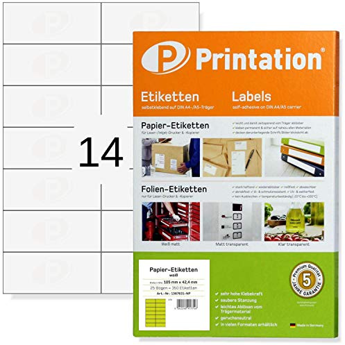 Printation Etiketten selbstklebend 105x42,3 mm - 350 Klebeetiketten zum Bedrucken, 14 Universal Etiketten pro A4 Bogen, 25 Blatt - Aufkleber Blanko 105x42,3 2x7 bedruckbar mit Laser & Inkjet Drucker