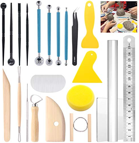 Glarks Lot de 22 outils de sculpture en argile - Avec kit d'outils de modelage de sculpture, outils de modelage en plastique, stylet à bille pour le gaufrage, la coloration, la peinture des ongles.