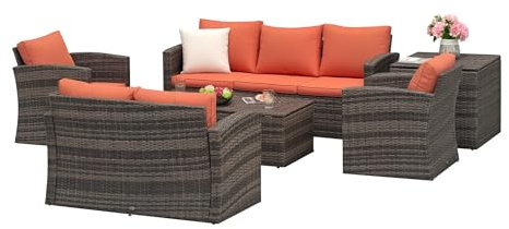 Outsunny Set Mobili da Giardino 6 Pezzi in Rattan, Salotto da Giardino con 2 Tavolini Contenitore, Divani e 2 Poltrone Imbottiti per 7 Persone, Marrone