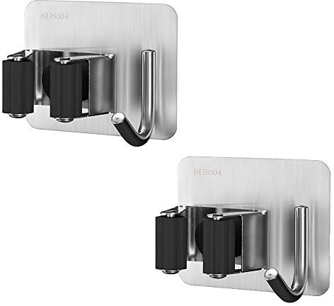 Soporte para escoba de fregona (2 unidades) SUS 304 de acero inoxidable organizador de fregona autoadhesivo, clip de almacenamiento para trapeador montado en la pared, cocina, garaje (negro)