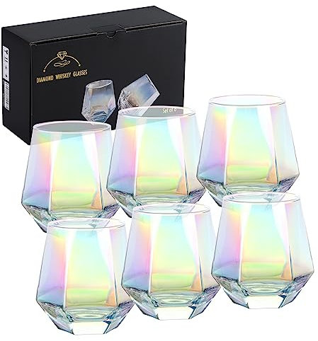 DIEWEISIMI Lot de 6 verres à vin sans pied (300 ml) pour vin rouge et blanc, verre irisé en forme de diamant pour whisky, cocktail, meilleur cadeau d'anniversaire, mariage, pendaison de crémaillère,