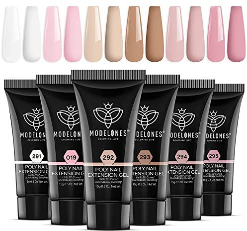Modelones Poly Gel Set mit 6 Farben Nude Weiß Rosa Gel Nägel Selber Set Quick Extension Building Acrylgel für Starter Nail Art Nageldesign Selber Mache Valentinstag