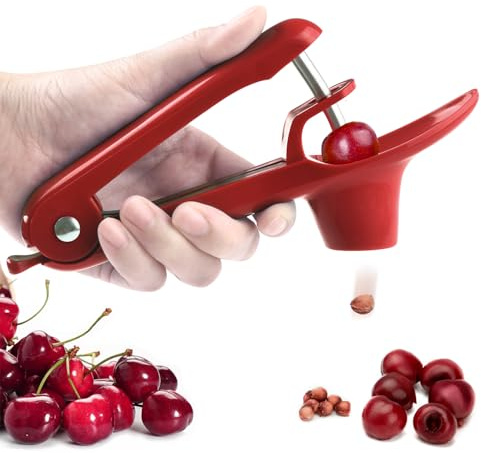 Cherry Pitter, Brighoot Stainless Steel Cherry Pitter Tool Cherries Corer with Lock Design for Making Cherry Jam, Remove Cherry Seed with Space/Safe/Quick (Red)