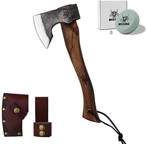 WICING 13.5 Inch Hatchet, Camping Axes and Hatchets 1065 Carbon Steel and Beech Handle, with Leather Sheath