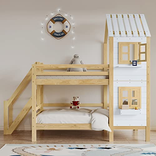 LERFAN 90 x 200 cm Etagenbett mit Fallschutzgitter und Leiter mit Handlauf, Hausbett mit Dach und Fenster, Stabiler Bettrahmen aus Holz, Ohne Matratze, 267L x 97,5B x 232H cm Weiß+Natur