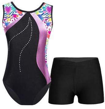 Miaeowve Maillot de gimnasia para niños, clásico, sin mangas, con pantalones cortos de baile, pantalones cortos de entrenamiento, ropa de danza, Corazón colorido, 158-164