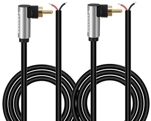 90 Degree RCA to Bare Wire Speaker Cable (2 Pack 20AWG 6 feet),Replacement RCA Male Plug Jack Connector Adapter to Bare Wire Open End, RCA male to repair Audio Speaker cords, RCA pigtail cable